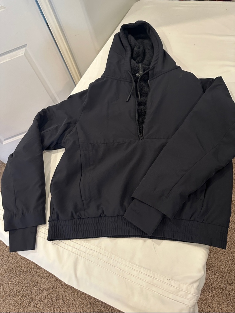 Women's Black Hooded Puffer Jacket with Sherpa Lining